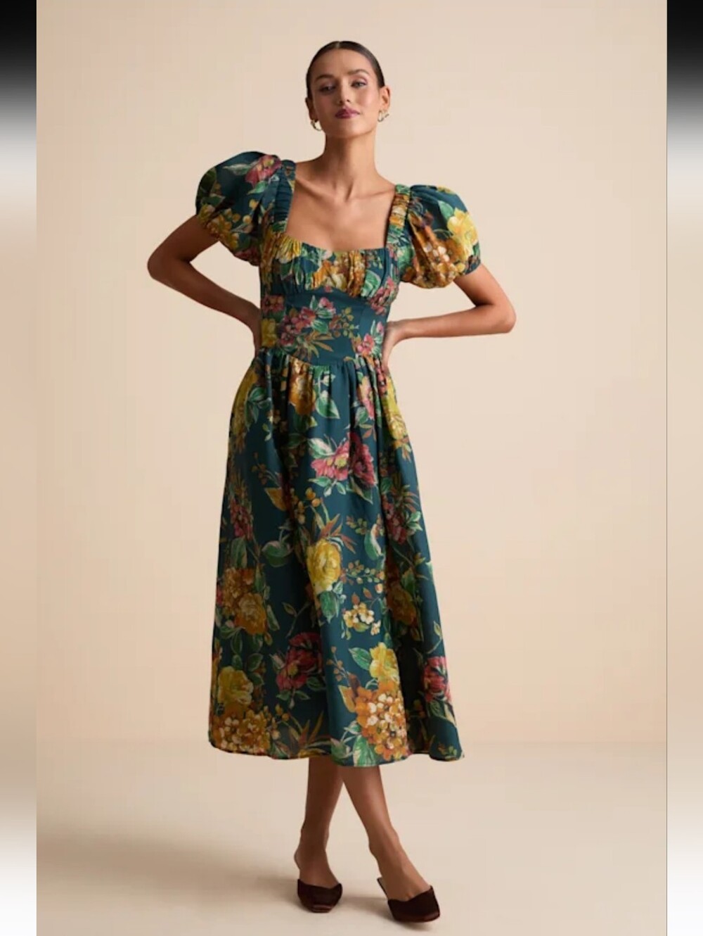 Lulus Floral Puff-Sleeve Midi Dress Size M NEW #3G